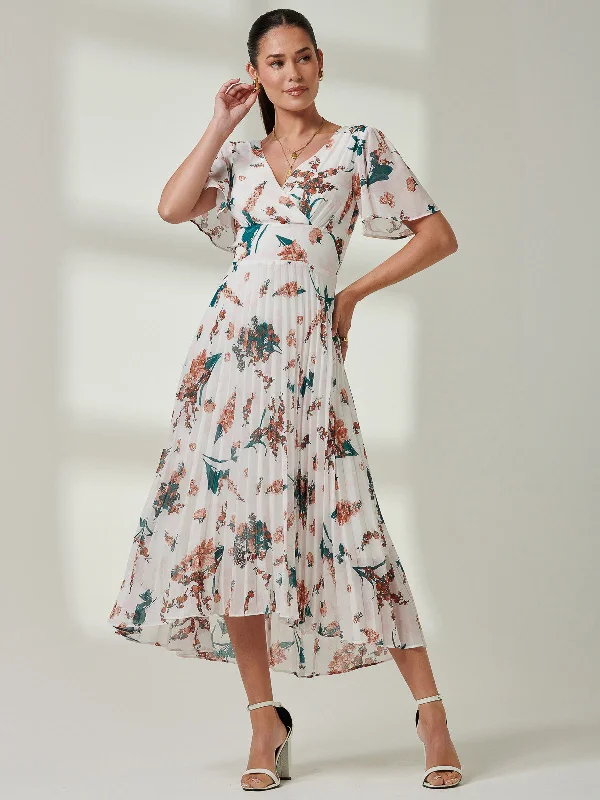 Savings You Can’t Ignore!Pleated Dip Hem Chiffon Maxi Dress, Beige Floral