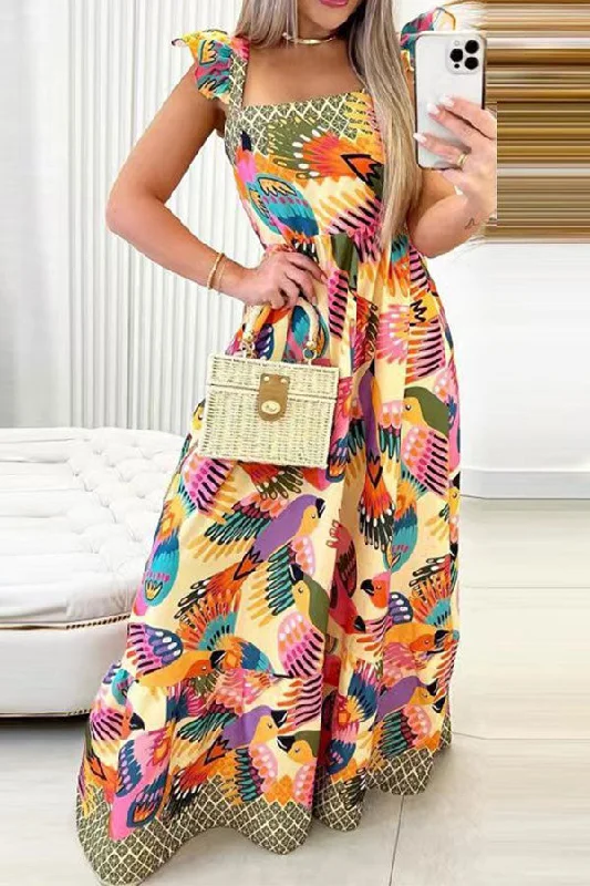 Don’t Wait – Deals Won’t Last!Cartoon Bird Print Sweet Ruffle Shoulder Maxi Dress