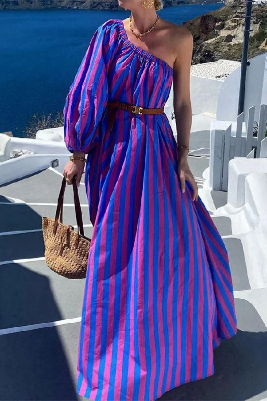 Hot Deals You Can’t Resist!Stripe Romantic One Shoulder Belted Maxi Dress