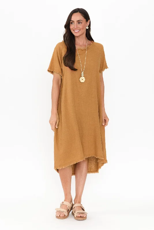 Get It Before It’s Gone!Humphrey Mustard Cotton Linen Frayed Dress