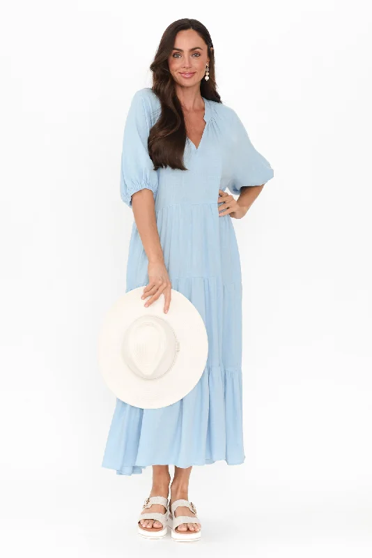 Score Big Savings Today!Imogene Light Blue Cotton Linen Tiered Dress