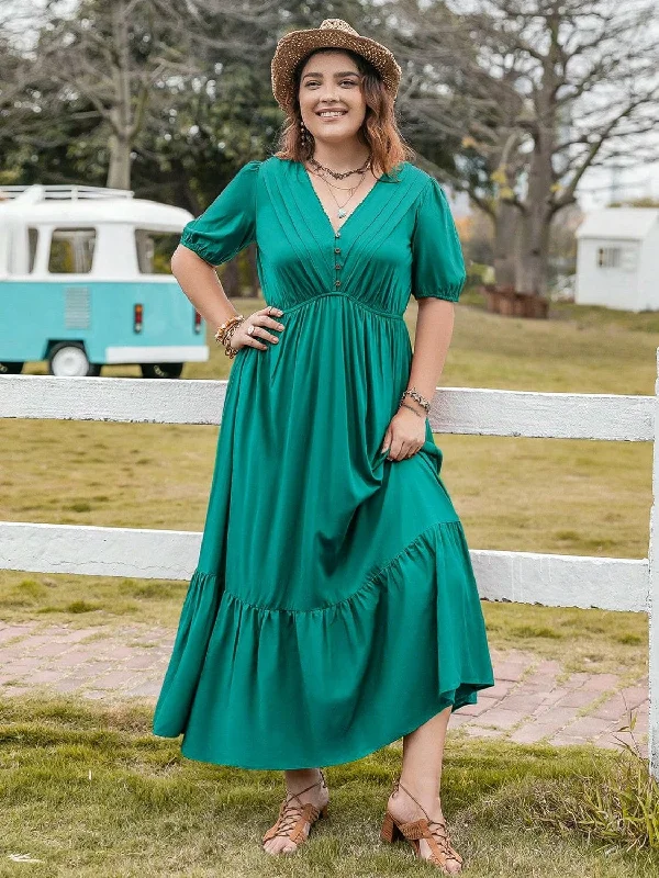 Hottest Discounts of the Year!Plus Size V-Neck Short Sleeve Ruffle Hem Dress