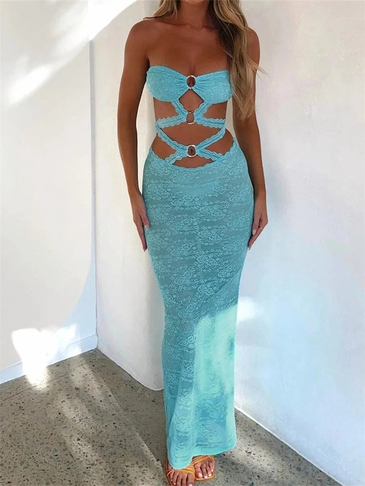 Huge Savings – Act Now!Amy Fashion - Sexy Women  Lace Hollow-Out Strapless Off Shoulder Tube Summer Backless Fashion Party Female Vestidos
