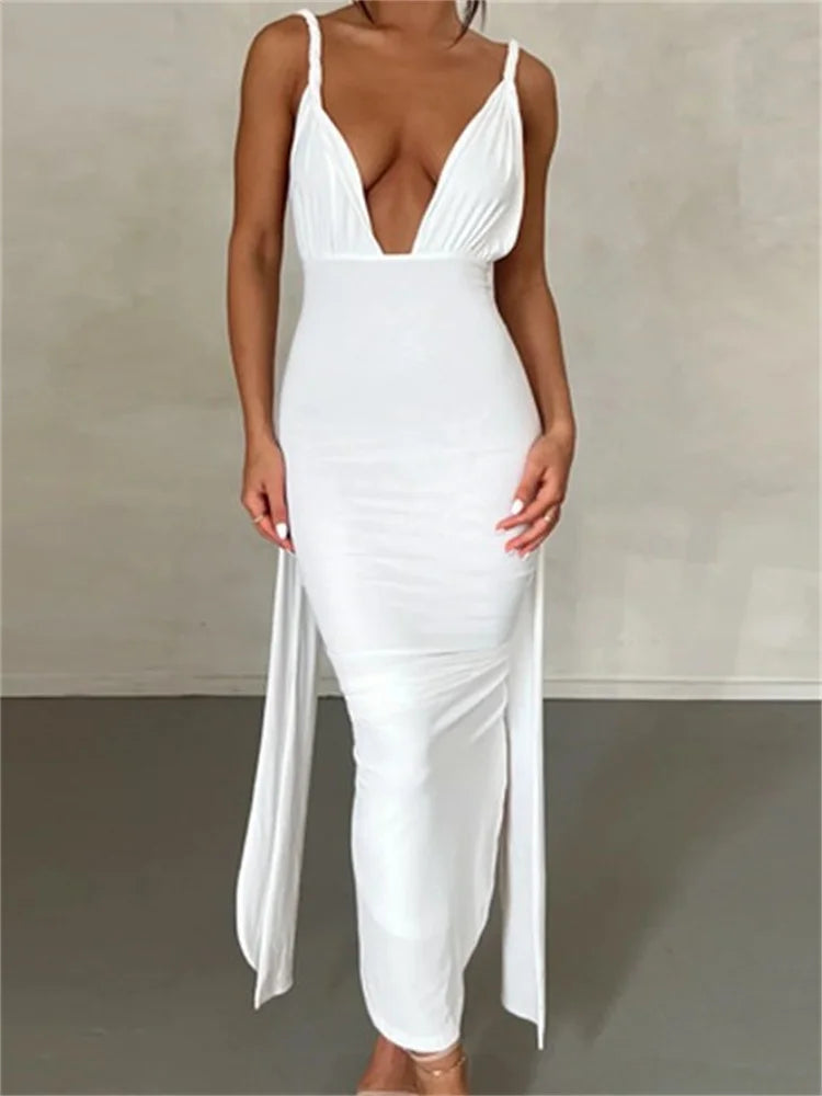 New Discounts Just Dropped!Amy Fashion - Women Sleeveless Strap  Solid Color Deep V-neck Backless High Split Summer Party Ruched Vestidos