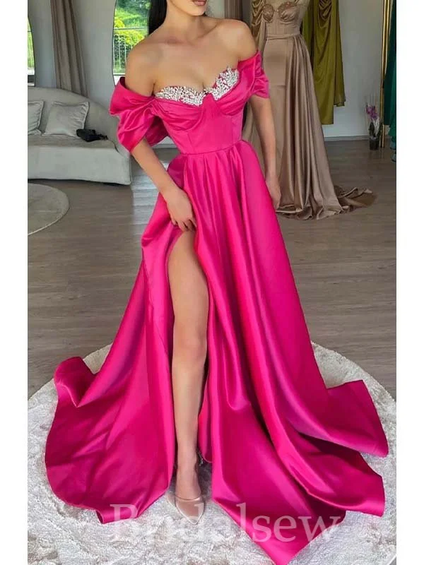 Your Chance to Save is Now!A-line Off Shoulder Hot Pink Satin Popular Elegant Evening Formal Long Prom Dresses PD1422