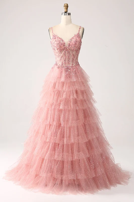 Huge Savings – Act Now!Blush A-Line Spaghetti Straps Tiered Tulle Corset Long Prom Dress