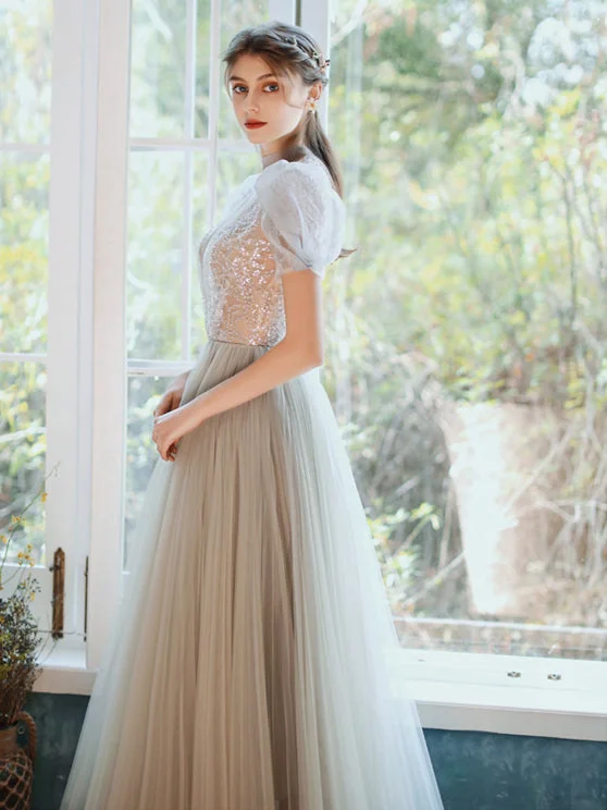 Incredible Savings Inside!Bubble Sleeved Tulle Long Prom Dresses, Sequin Beaded Prom Dresses, 2021 Prom Dresses, Newest Prom Dresses