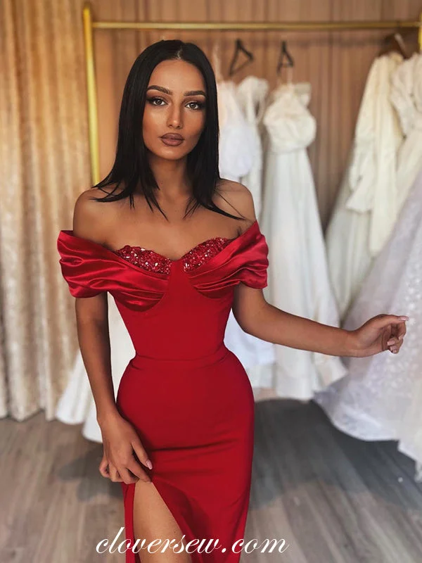 Unbeatable Prices!Dark Red Beading Neckline Pleating Off The Shoulder Sheath Formal Dresses, CP0974