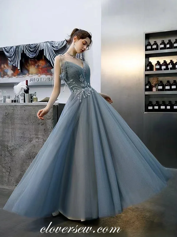 Your Shopping Spree Starts Here!Dusty Blue Pleating Tulle Bead Applique Sleeveless A-line Prom Dresses, CP0976