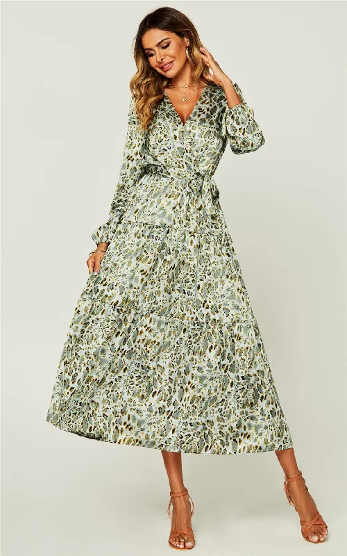 New Discounts Just Dropped!Animal Print Long Sleeve Wrap Dress In Green