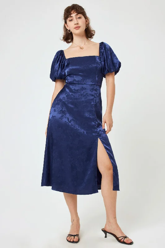 Your Discount is Waiting!Navy Jacquard Puff Sleeve Midi Dress