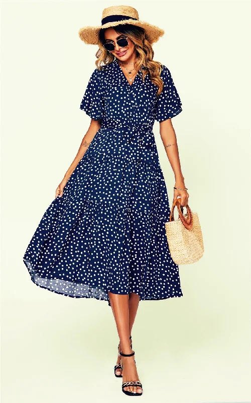 Save Like Never Before!Polka Dot Hem Tiered Wrap Midi Dress In Navy