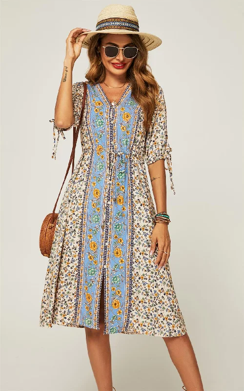 Get the Best for Less!Relaxed Blue Block Color Floral Printed Skater Midi Dress In Beige